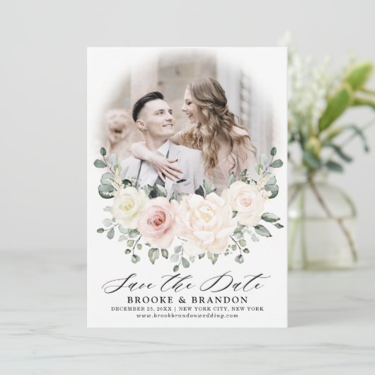 Champagne Ivory Blush Pink Blumengrün Foto Save The Date (Stehend Vorderseite)
