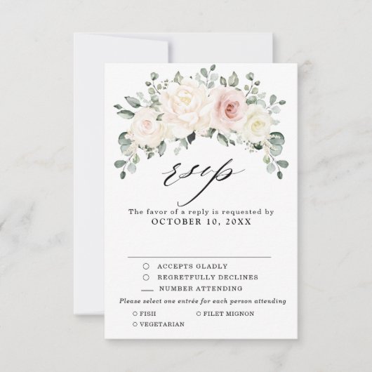 Champagne Ivory Blush Pink Blumengrün Hochzeit RSVP Karte (Vorderseite)