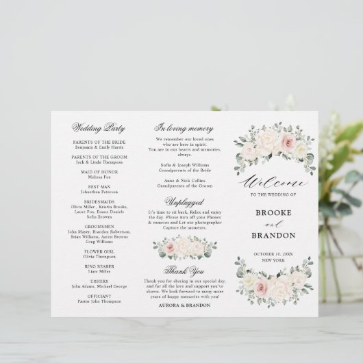 Champagne Ivory Blush Pink Floral Wedding Programm (Stehend Vorderseite)