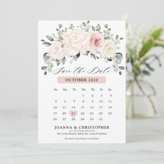 Champagne Ivory Blush Pink Pastel Blumenkalender Save The Date (Stehend Vorderseite)
