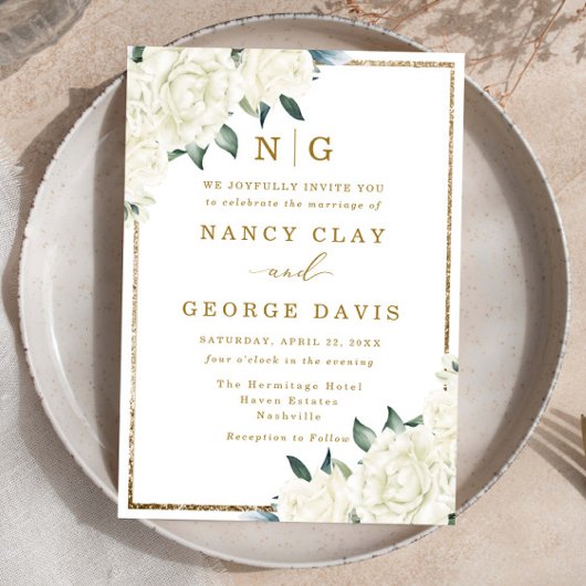Champagne Ivory Floral Frame Monogram Wedding Einladung