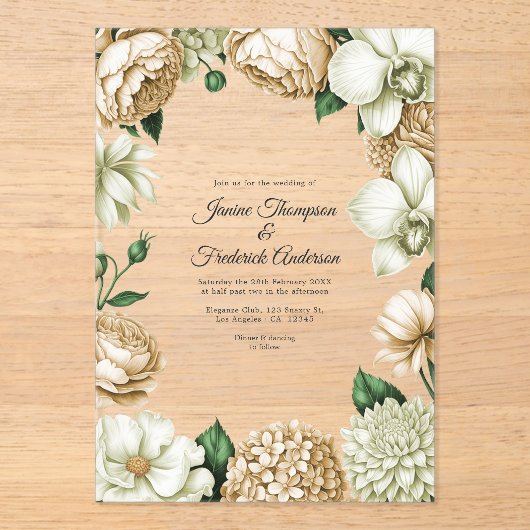 Champagne & Ivory Modern Botanical Wedding Acryleinladungen (Vorderseite)