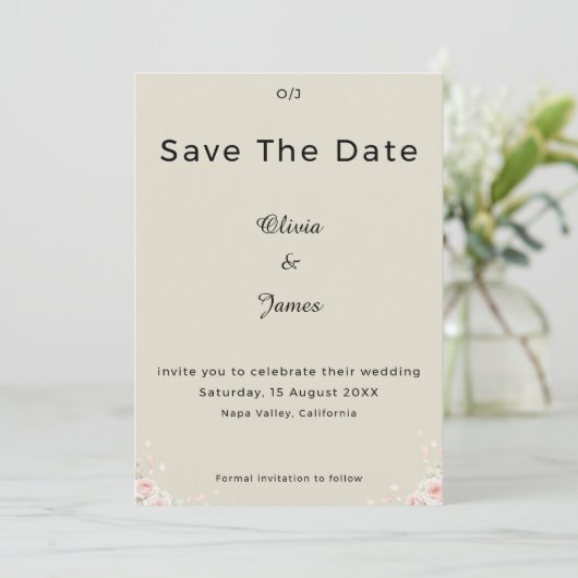 Champagne Ivory Whispered Petals Minimalist Script Save The Date (Stehend Vorderseite)