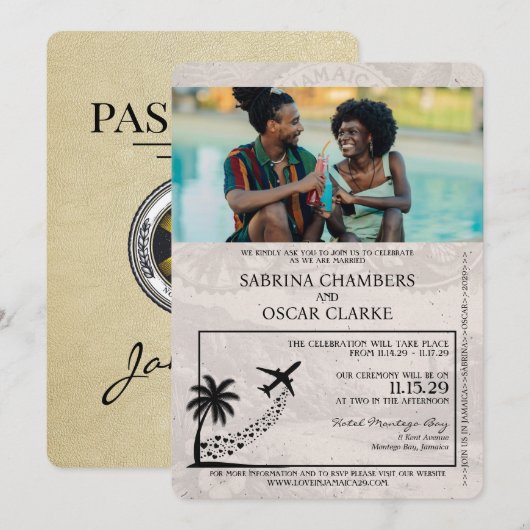 Champagne Jamaica Passport Wedding Einladung (Vorne/Hinten)