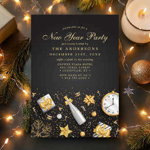 Champagne Konfetti Gold Schwarz Silvesterparty Einladung