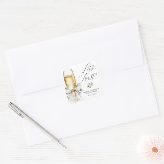 Champagne Let's Toast Winter Engagement Quadratischer Aufkleber (Umschlag)