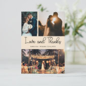 Champagne Love & Thanks Three Photo Wedding Karte (Stehend Vorderseite)