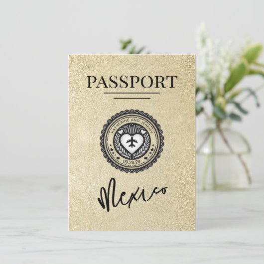 Champagne Mexico Passport Save the Date (Stehend Vorderseite)