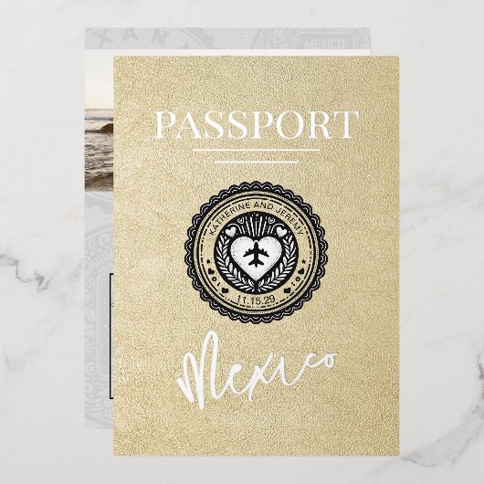 Champagne Mexico Passport Wedding Folieneinladung (Vorderseite/Rückseite)