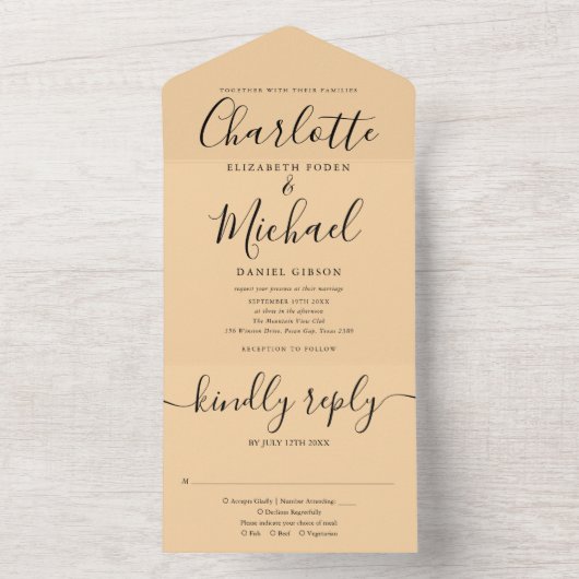 Champagne Modern Script Minimalistisch Wedding All In One Einladung (Innen Boden)