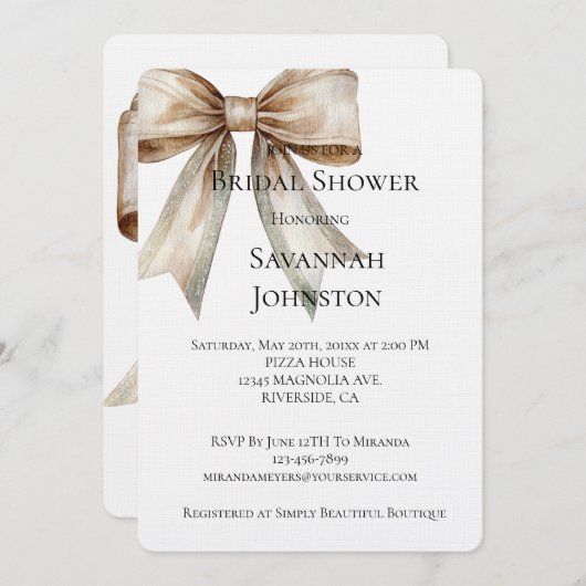 Champagne Moss Bow Brautparty Einladung (Vorne/Hinten)