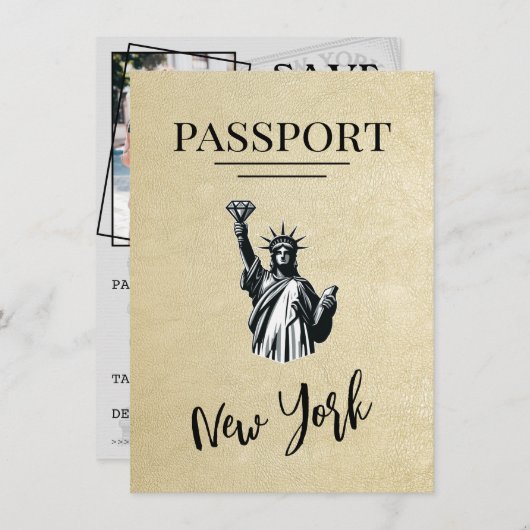 Champagne New York City Passport Save the Date (Vorne/Hinten)