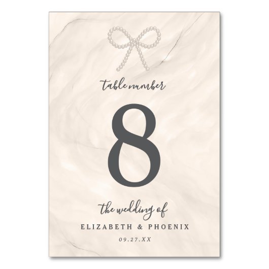 Champagne Pearl Bow Elegant Luxury Wedding Tischnummer (Vorderseite)