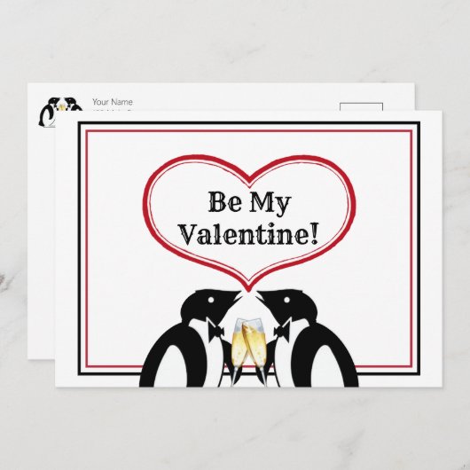 Champagne Penguins Valentine Card Ankündigung (Vorne/Hinten)
