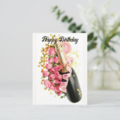 Champagne & Pink Roses Geburtstagskarte Postkarte (Stehend Vorderseite)