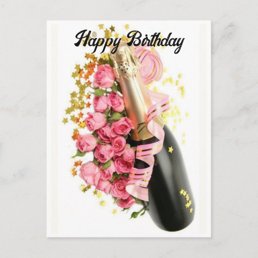 Champagne & Pink Roses Geburtstagskarte Postkarte (Vorderseite)