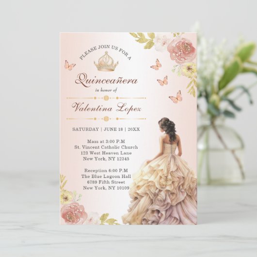 Champagne Princess Dress Quinceañera Geburtstag Einladung (Stehend Vorderseite)