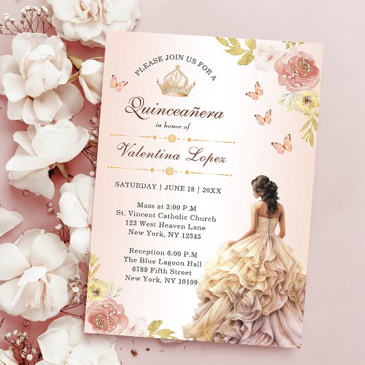 Champagne Princess Dress Quinceañera Geburtstag Einladung