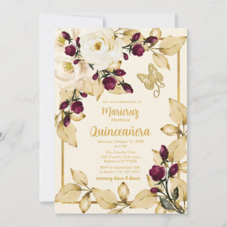 Champagne Rose Burgundy Buds Gold Blätter Butterfl Einladung