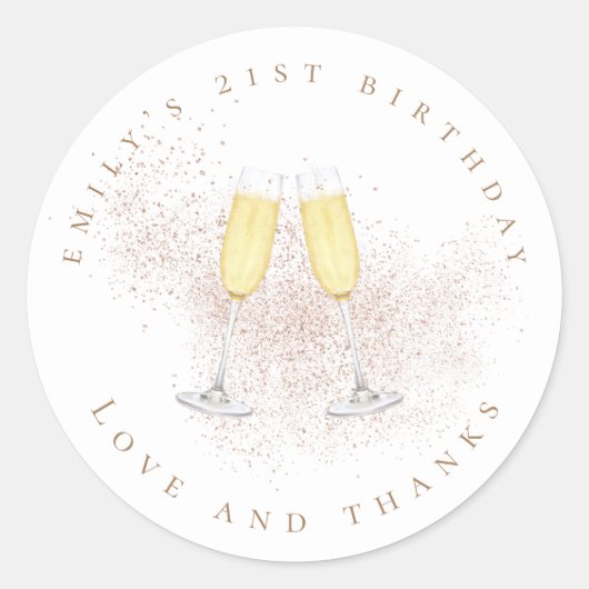 Champagne Rose Gold Glitzer 21. Geburtstag Runder Aufkleber (Vorderseite)