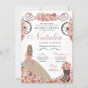 Champagne Rose Ranchero Princess Dress Quinceanera Einladung