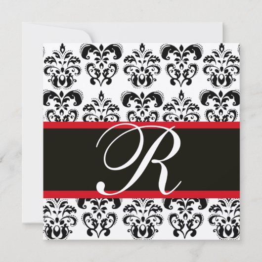 CHAMPAGNE & SCHWARZ ROTES DAMASK-MONOGRAMM, weiß Einladung (Vorderseite)