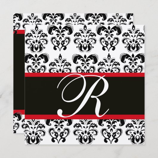 CHAMPAGNE & SCHWARZ ROTES DAMASK-MONOGRAMM, weiß Einladung (Vorne/Hinten)