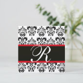 CHAMPAGNE & SCHWARZ ROTES DAMASK-MONOGRAMM, weiß Einladung (Stehend Vorderseite)