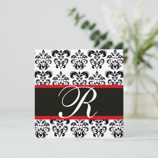 CHAMPAGNE & SCHWARZ ROTES DAMASK-MONOGRAMM, weiß Einladung (Stehend Vorderseite)