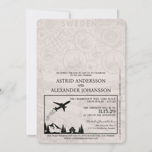 Champagne Schweden Pass Einladung Hochzeit (Vorderseite)