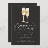 Champagne Script | Elegante Black Engagement Party Einladung (Vorne/Hinten)