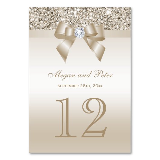 Champagne Sequins Bow Wedding Tischnummer Cards (Vorderseite)