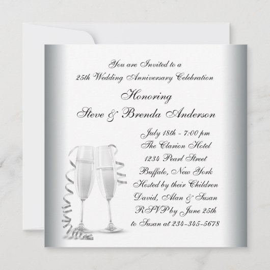 Champagne Silver 25. Hochzeitstag Party Einladung (Rückseite)
