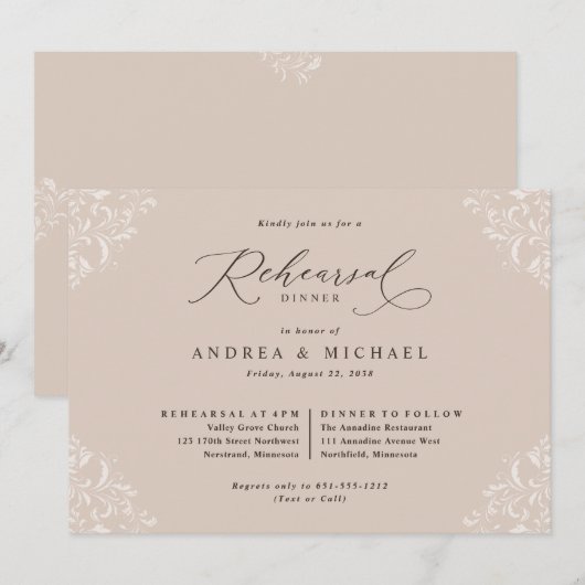 Champagne Tan Wedding Probe Dinner Einladung (Vorne/Hinten)