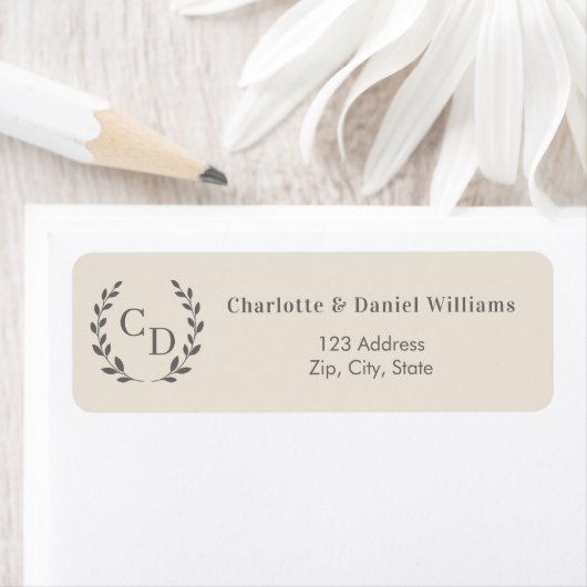 Champagne taupe monogrammed wreath return address (Insitu)
