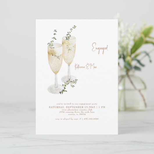 Champagne Toast Foliage Gold-Engagement-Partei Einladung (Stehend Vorderseite)