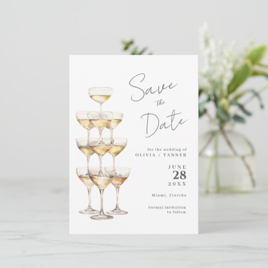 Champagne Tower Einfaches Elegantes Foto Save the  Save The Date (Stehend Vorderseite)