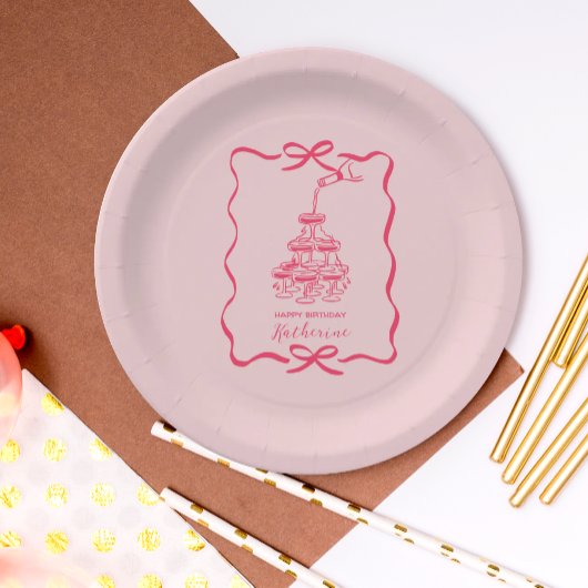 Champagne Tower Pink Hand Drawn Birthday Party Pappteller