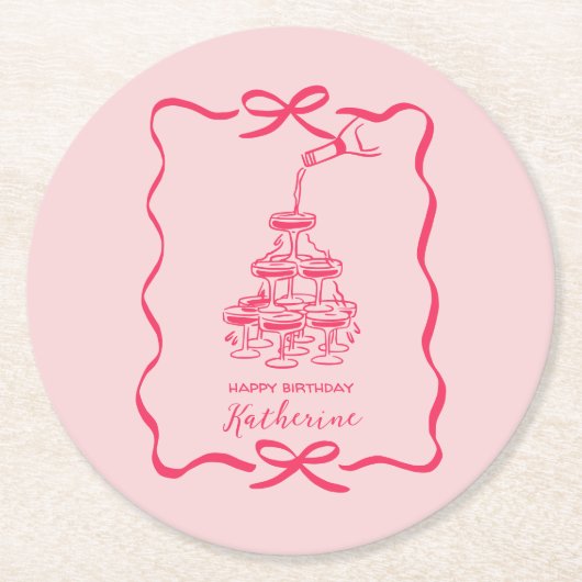 Champagne Tower Pink Hand Drawn Doodles Birthday Runder Pappuntersetzer (Vorderseite)