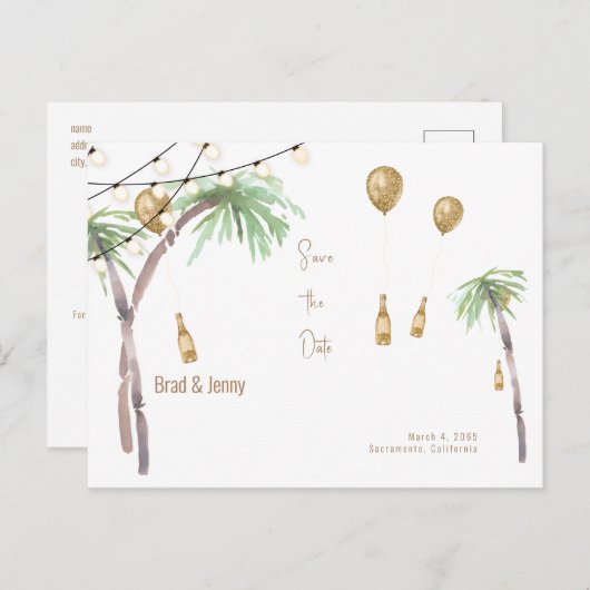 Champagne Tropische Hochzeit Speichern Sie das Dat Postkarte (Vorne/Hinten)