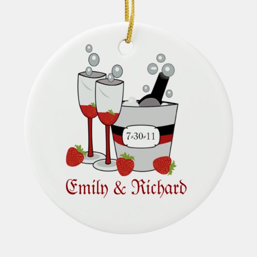 Champagne u. ErdbeerBrautparty-Datum Keramik Ornament (Vorne)