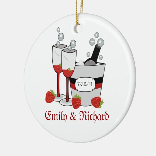 Champagne u. ErdbeerBrautparty-Datum Keramik Ornament (Links)