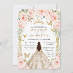 Champagne Vintage Gold Blush Floral Quinceañera Einladung