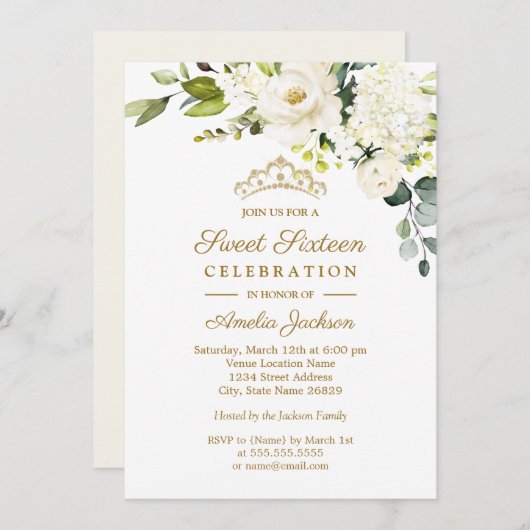 Champagne Watercolor Floral Sweet 16 Party Einladung (Vorne/Hinten)