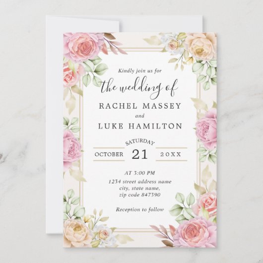 Champagne Watercolor Floral Wedding Style Einladung (Vorderseite)