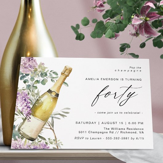 Champagne Watercolor | Fun Elegant 40th Birthday Einladung
