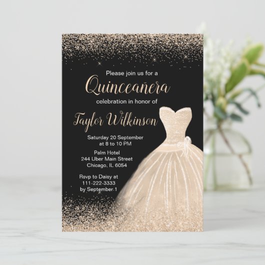 Champagne White Dress Imitate Glitzer Quinceanera Einladung (Stehend Vorderseite)