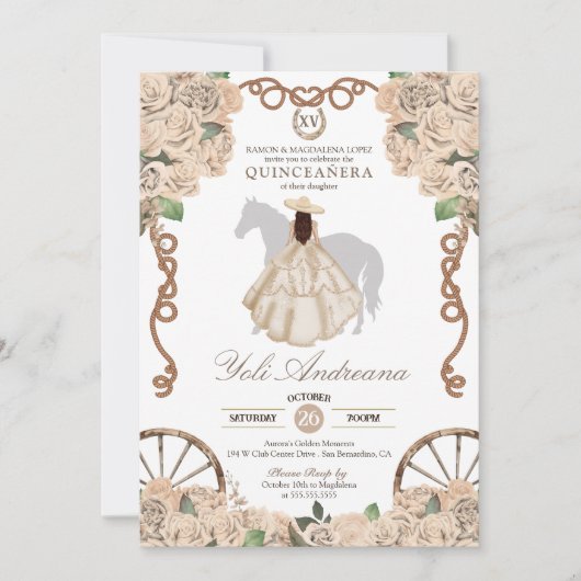 Champagne White Rose Cream Charro Quinceanera Einladung (Vorderseite)