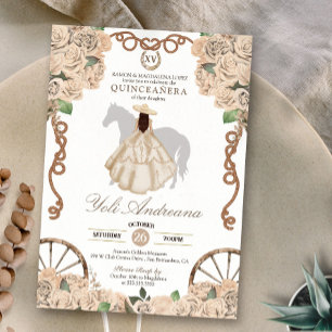 Champagne White Rose Cream Charro Quinceanera Einladung