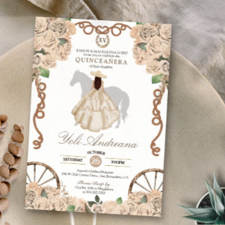 Champagne White Rose Cream Charro Quinceanera Einladung
